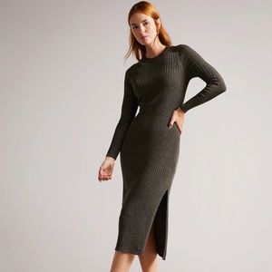 NWT Ted Baker Sayrah Metallic Midi Knit Drees,  Dark Green, Size 5 (US 12)